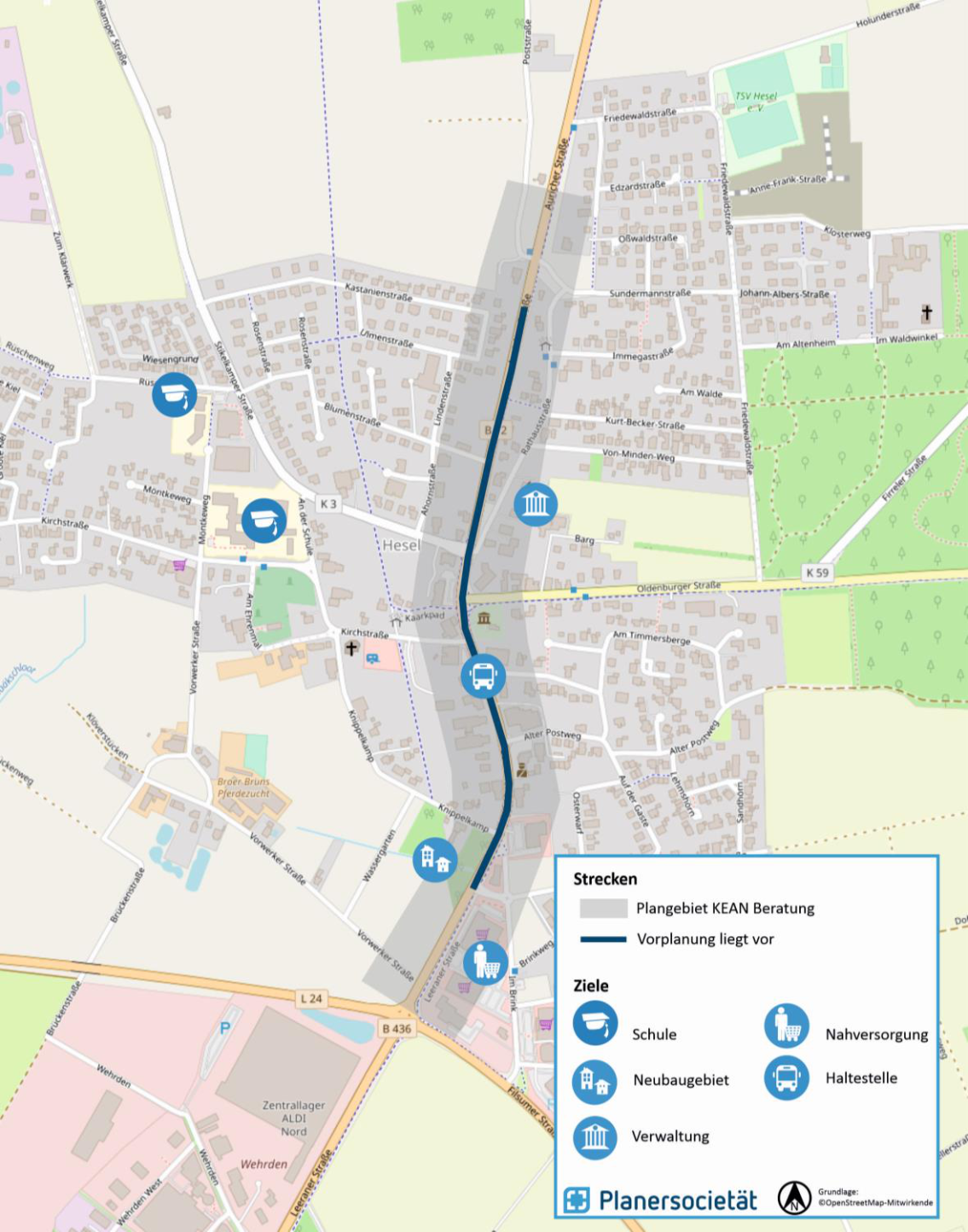 Lageplan der Umbauarbeiten der Ortsdurchfahrt B 72 in Hesel